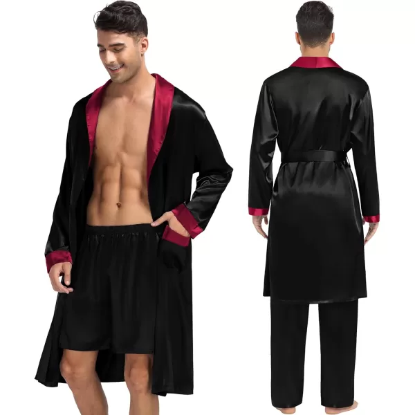 SWOMOG Mens 3 Pcs Robe Silk Satin Kimono Bathrobe with ShortsampPants Set Lightweight Soft SleepwearBlack