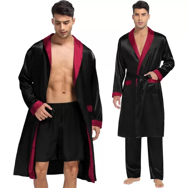 SWOMOG Mens 3 Pcs Robe Silk Satin Kimono Bathrobe with ShortsampPants Set Lightweight Soft SleepwearBlack