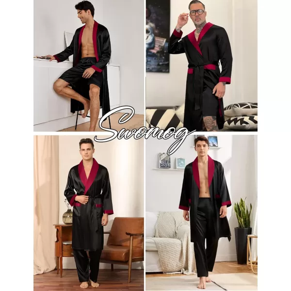 SWOMOG Mens 3 Pcs Robe Silk Satin Kimono Bathrobe with ShortsampPants Set Lightweight Soft SleepwearBlack