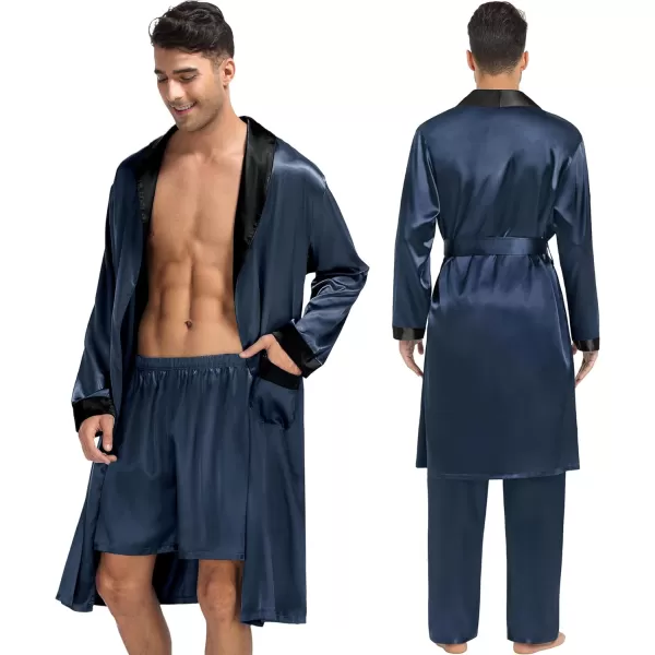 SWOMOG Mens 3 Pcs Robe Silk Satin Kimono Bathrobe with ShortsampPants Set Lightweight Soft SleepwearDark Gray