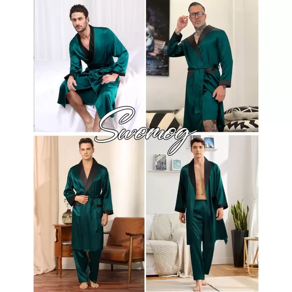 SWOMOG Mens 3 Pcs Robe Silk Satin Kimono Bathrobe with ShortsampPants Set Lightweight Soft SleepwearDark Green