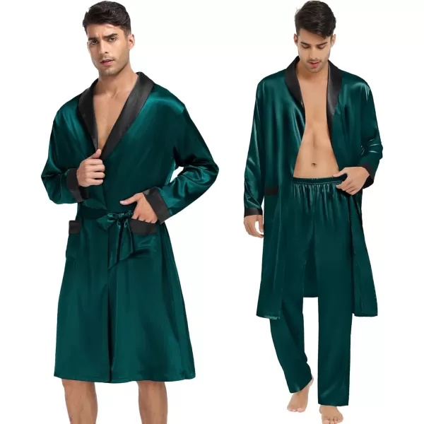 SWOMOG Mens 3 Pcs Robe Silk Satin Kimono Bathrobe with ShortsampPants Set Lightweight Soft SleepwearDark Green