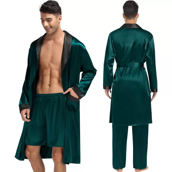 SWOMOG Mens 3 Pcs Robe Silk Satin Kimono Bathrobe with ShortsampPants Set Lightweight Soft SleepwearDark Green