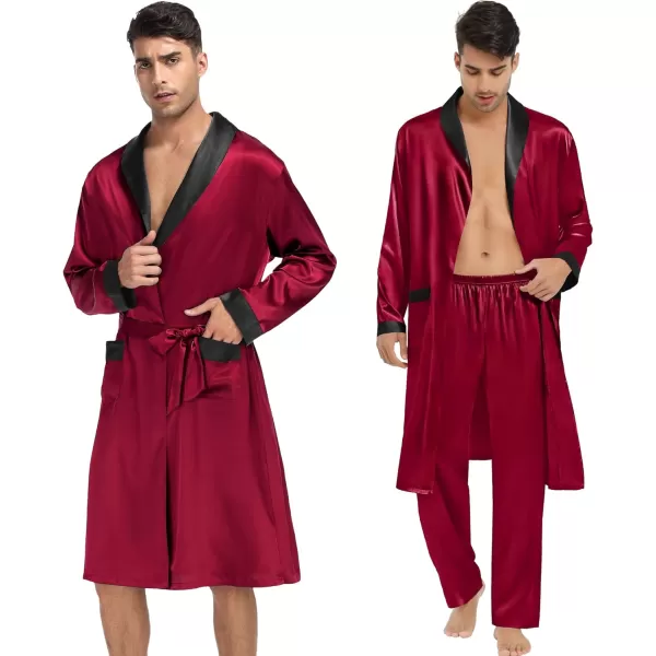 SWOMOG Mens 3 Pcs Robe Silk Satin Kimono Bathrobe with ShortsampPants Set Lightweight Soft SleepwearDark Wine Red