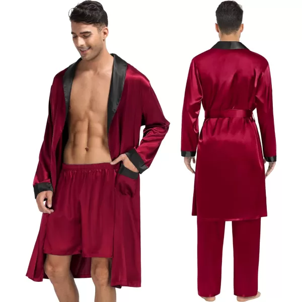 SWOMOG Mens 3 Pcs Robe Silk Satin Kimono Bathrobe with ShortsampPants Set Lightweight Soft SleepwearDark Wine Red