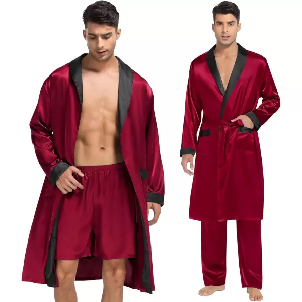 SWOMOG Mens 3 Pcs Robe Silk Satin Kimono Bathrobe with ShortsampPants Set Lightweight Soft SleepwearDark Wine Red