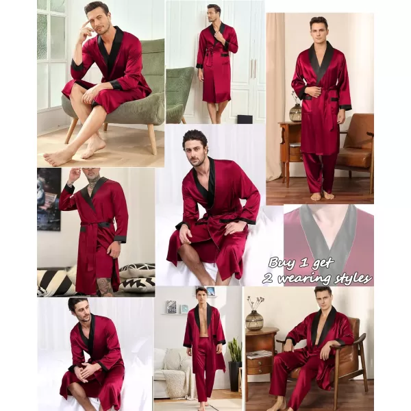 SWOMOG Mens 3 Pcs Robe Silk Satin Kimono Bathrobe with ShortsampPants Set Lightweight Soft SleepwearDark Wine Red