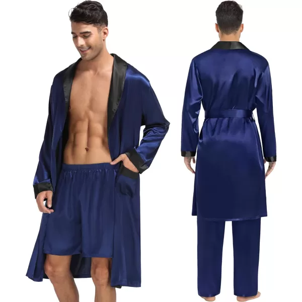 SWOMOG Mens 3 Pcs Robe Silk Satin Kimono Bathrobe with ShortsampPants Set Lightweight Soft SleepwearNavy Blue