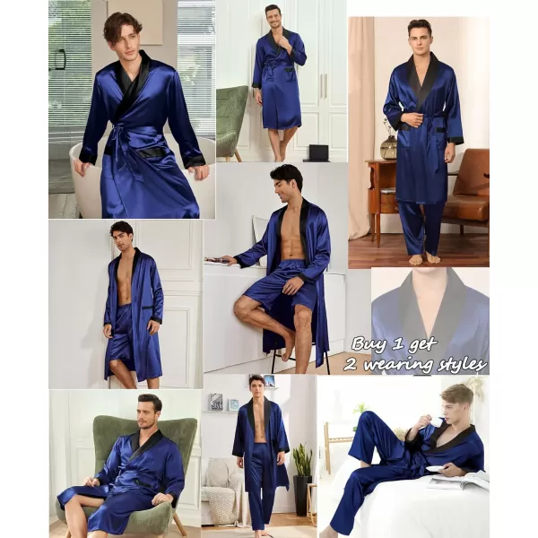 SWOMOG Mens 3 Pcs Robe Silk Satin Kimono Bathrobe with ShortsampPants Set Lightweight Soft SleepwearNavy Blue