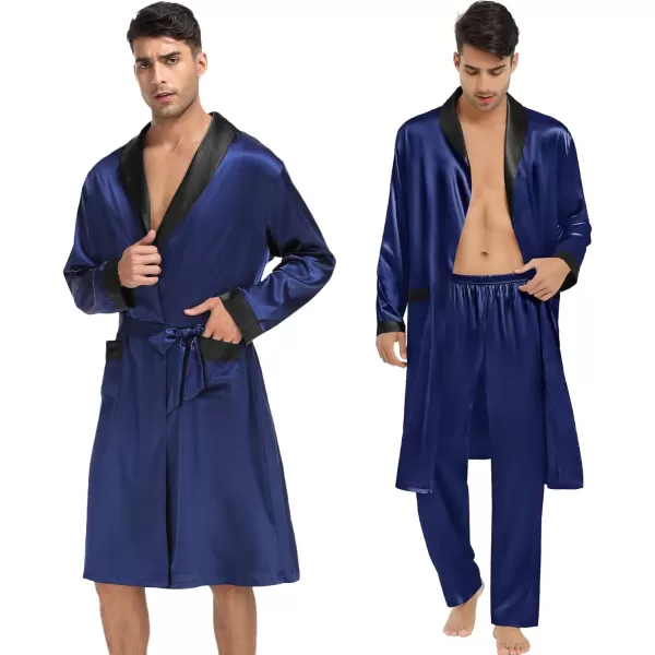 SWOMOG Mens 3 Pcs Robe Silk Satin Kimono Bathrobe with ShortsampPants Set Lightweight Soft SleepwearNavy Blue