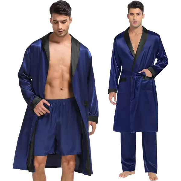 SWOMOG Mens 3 Pcs Robe Silk Satin Kimono Bathrobe with ShortsampPants Set Lightweight Soft SleepwearNavy Blue