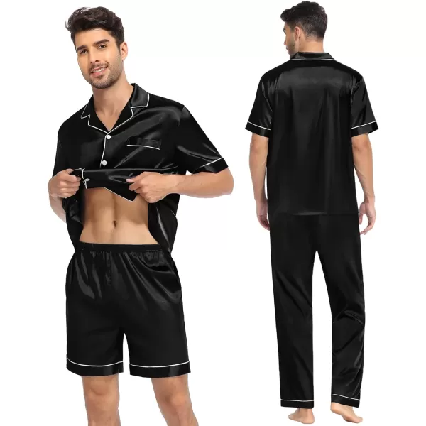 SWOMOG Mens 3pcs Pajamas Set Silk Satin Short Sleeve Sleepwear Button Down Pjs Classic Loungewear NightwearBlack