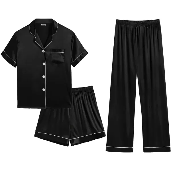 SWOMOG Mens 3pcs Pajamas Set Silk Satin Short Sleeve Sleepwear Button Down Pjs Classic Loungewear NightwearBlack