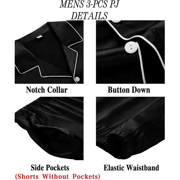 SWOMOG Mens 3pcs Pajamas Set Silk Satin Short Sleeve Sleepwear Button Down Pjs Classic Loungewear NightwearBlack