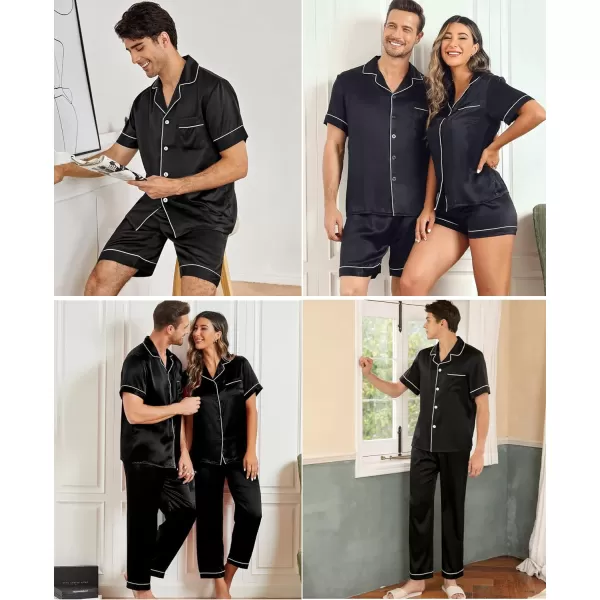 SWOMOG Mens 3pcs Pajamas Set Silk Satin Short Sleeve Sleepwear Button Down Pjs Classic Loungewear NightwearBlack