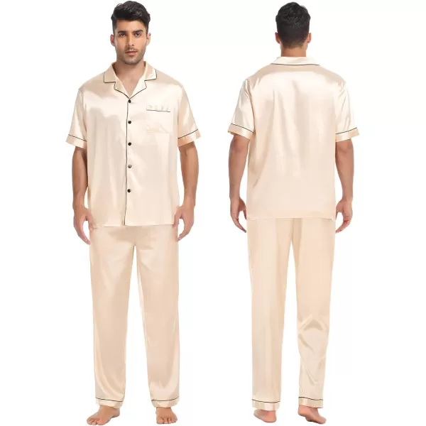 SWOMOG Mens 3pcs Pajamas Set Silk Satin Short Sleeve Sleepwear Button Down Pjs Classic Loungewear NightwearChampagne