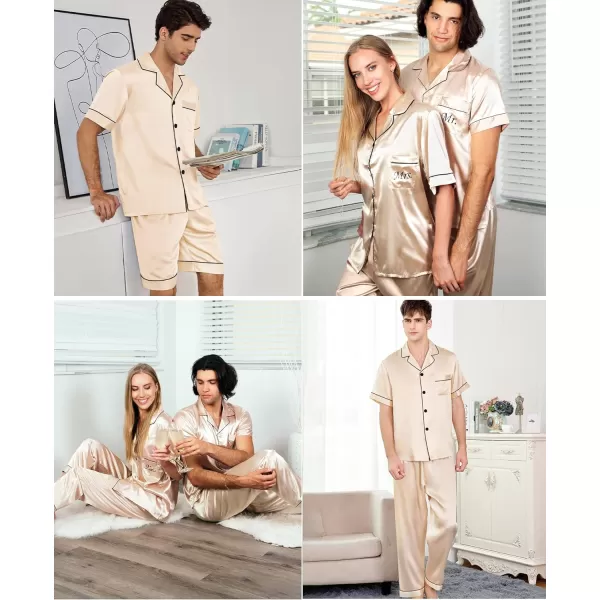 SWOMOG Mens 3pcs Pajamas Set Silk Satin Short Sleeve Sleepwear Button Down Pjs Classic Loungewear NightwearChampagne