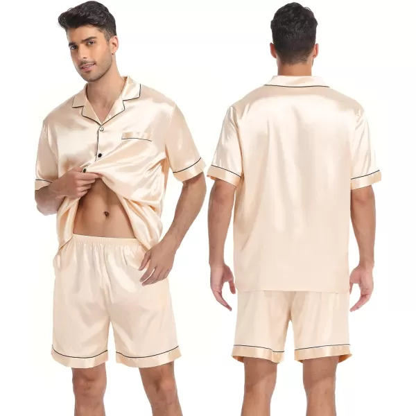 SWOMOG Mens 3pcs Pajamas Set Silk Satin Short Sleeve Sleepwear Button Down Pjs Classic Loungewear NightwearChampagne