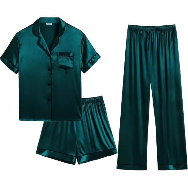 SWOMOG Mens 3pcs Pajamas Set Silk Satin Short Sleeve Sleepwear Button Down Pjs Classic Loungewear NightwearDeep Green