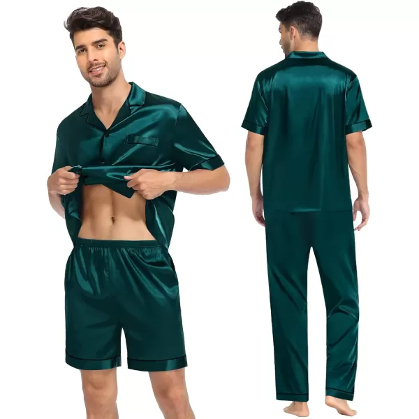 SWOMOG Mens 3pcs Pajamas Set Silk Satin Short Sleeve Sleepwear Button Down Pjs Classic Loungewear NightwearDeep Green