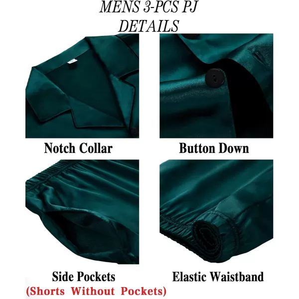 SWOMOG Mens 3pcs Pajamas Set Silk Satin Short Sleeve Sleepwear Button Down Pjs Classic Loungewear NightwearDeep Green