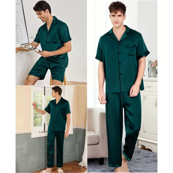 SWOMOG Mens 3pcs Pajamas Set Silk Satin Short Sleeve Sleepwear Button Down Pjs Classic Loungewear NightwearDeep Green