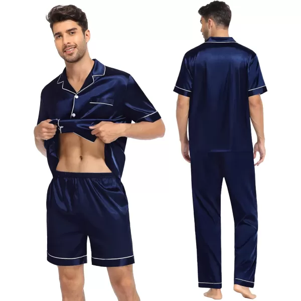 SWOMOG Mens 3pcs Pajamas Set Silk Satin Short Sleeve Sleepwear Button Down Pjs Classic Loungewear NightwearDeep Navy Blue