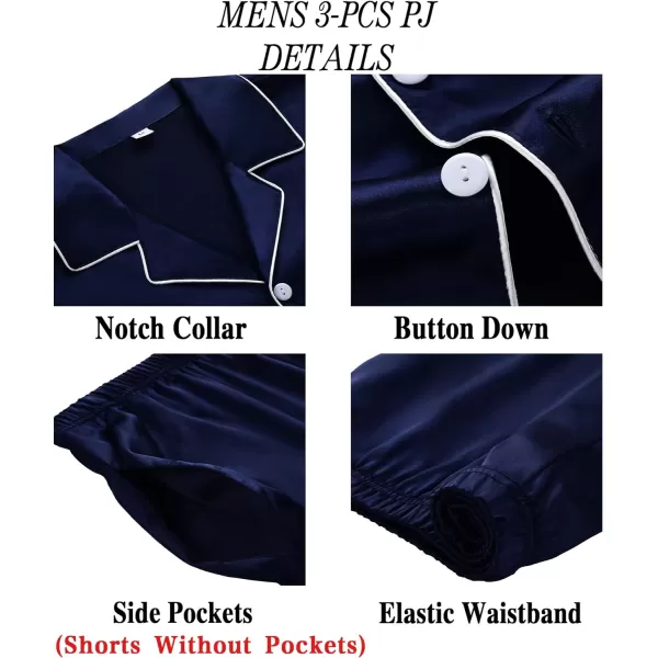 SWOMOG Mens 3pcs Pajamas Set Silk Satin Short Sleeve Sleepwear Button Down Pjs Classic Loungewear NightwearDeep Navy Blue