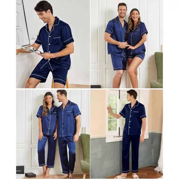 SWOMOG Mens 3pcs Pajamas Set Silk Satin Short Sleeve Sleepwear Button Down Pjs Classic Loungewear NightwearDeep Navy Blue