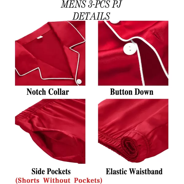 SWOMOG Mens 3pcs Pajamas Set Silk Satin Short Sleeve Sleepwear Button Down Pjs Classic Loungewear NightwearRed