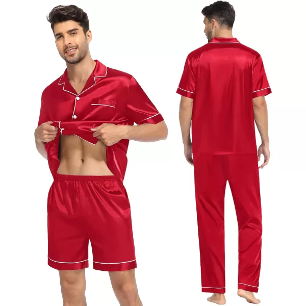 SWOMOG Mens 3pcs Pajamas Set Silk Satin Short Sleeve Sleepwear Button Down Pjs Classic Loungewear NightwearRed