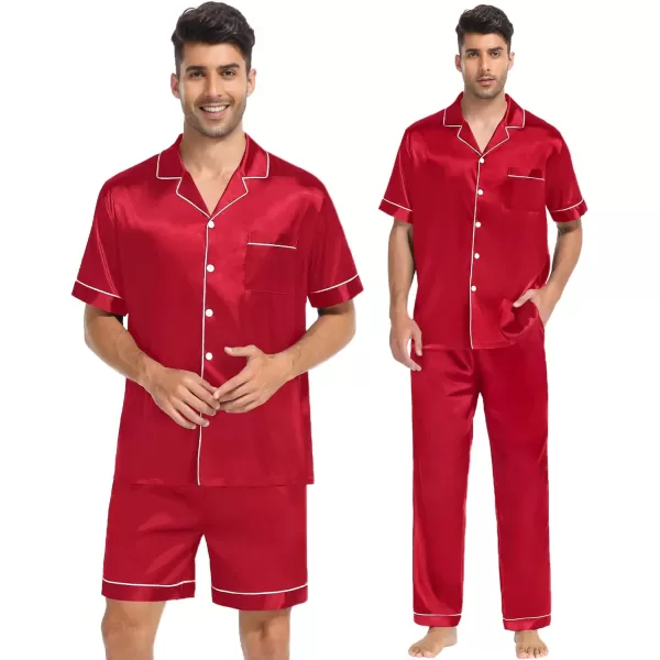 SWOMOG Mens 3pcs Pajamas Set Silk Satin Short Sleeve Sleepwear Button Down Pjs Classic Loungewear NightwearRed