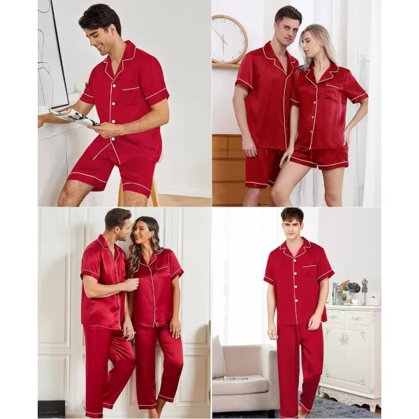 SWOMOG Mens 3pcs Pajamas Set Silk Satin Short Sleeve Sleepwear Button Down Pjs Classic Loungewear NightwearRed