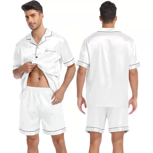 SWOMOG Mens 3pcs Pajamas Set Silk Satin Short Sleeve Sleepwear Button Down Pjs Classic Loungewear NightwearWhite