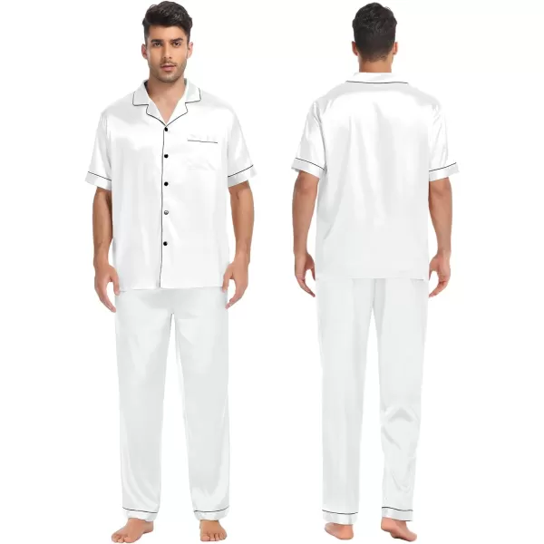 SWOMOG Mens 3pcs Pajamas Set Silk Satin Short Sleeve Sleepwear Button Down Pjs Classic Loungewear NightwearWhite