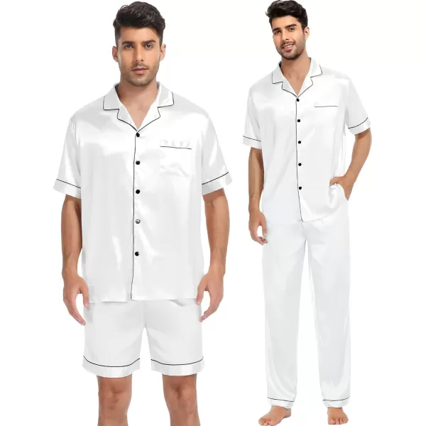 SWOMOG Mens 3pcs Pajamas Set Silk Satin Short Sleeve Sleepwear Button Down Pjs Classic Loungewear NightwearWhite