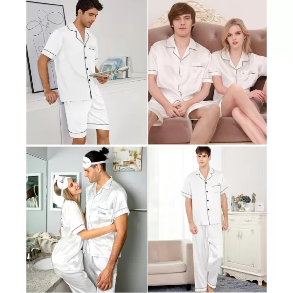 SWOMOG Mens 3pcs Pajamas Set Silk Satin Short Sleeve Sleepwear Button Down Pjs Classic Loungewear NightwearWhite