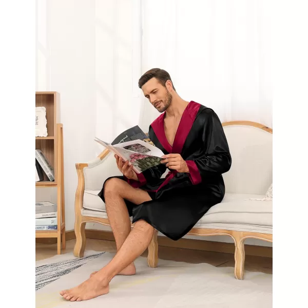 SWOMOG Mens Hooded Robe Satin Bathrobe with Shorts Set Silky Kimono Robe with HoodBlack