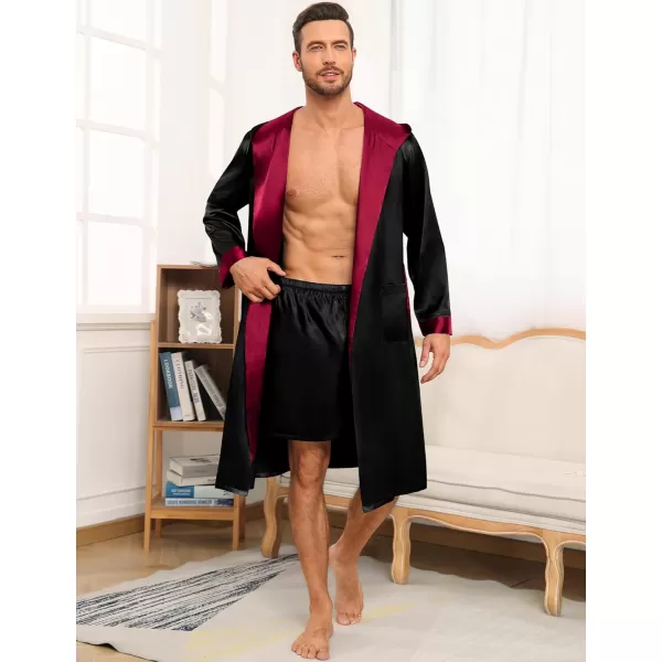 SWOMOG Mens Hooded Robe Satin Bathrobe with Shorts Set Silky Kimono Robe with HoodBlack