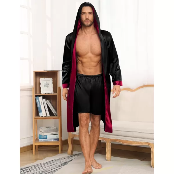 SWOMOG Mens Hooded Robe Satin Bathrobe with Shorts Set Silky Kimono Robe with HoodBlack