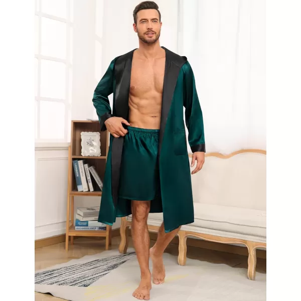 SWOMOG Mens Hooded Robe Satin Bathrobe with Shorts Set Silky Kimono Robe with HoodDark Green