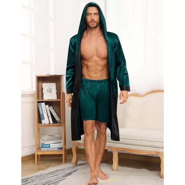 SWOMOG Mens Hooded Robe Satin Bathrobe with Shorts Set Silky Kimono Robe with HoodDark Green