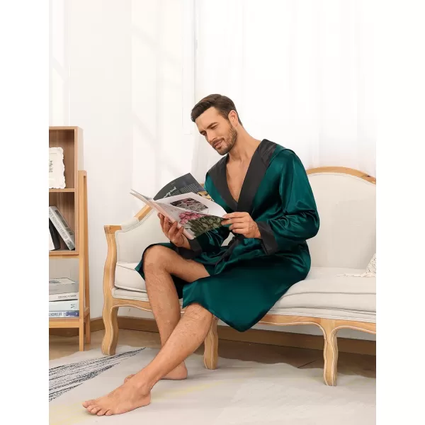 SWOMOG Mens Hooded Robe Satin Bathrobe with Shorts Set Silky Kimono Robe with HoodDark Green