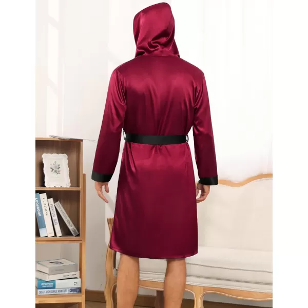 SWOMOG Mens Hooded Robe Satin Bathrobe with Shorts Set Silky Kimono Robe with HoodDark Wine Red