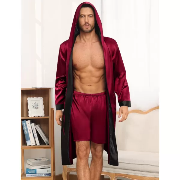 SWOMOG Mens Hooded Robe Satin Bathrobe with Shorts Set Silky Kimono Robe with HoodDark Wine Red