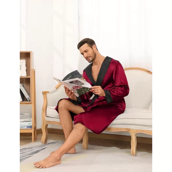 SWOMOG Mens Hooded Robe Satin Bathrobe with Shorts Set Silky Kimono Robe with HoodDark Wine Red