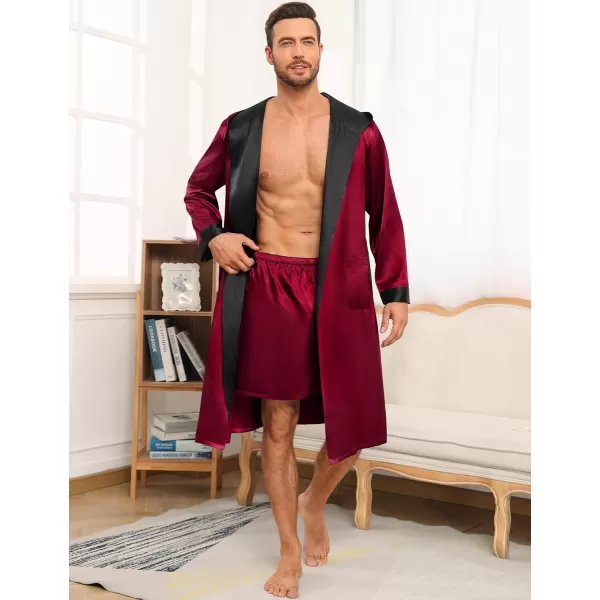 SWOMOG Mens Hooded Robe Satin Bathrobe with Shorts Set Silky Kimono Robe with HoodDark Wine Red