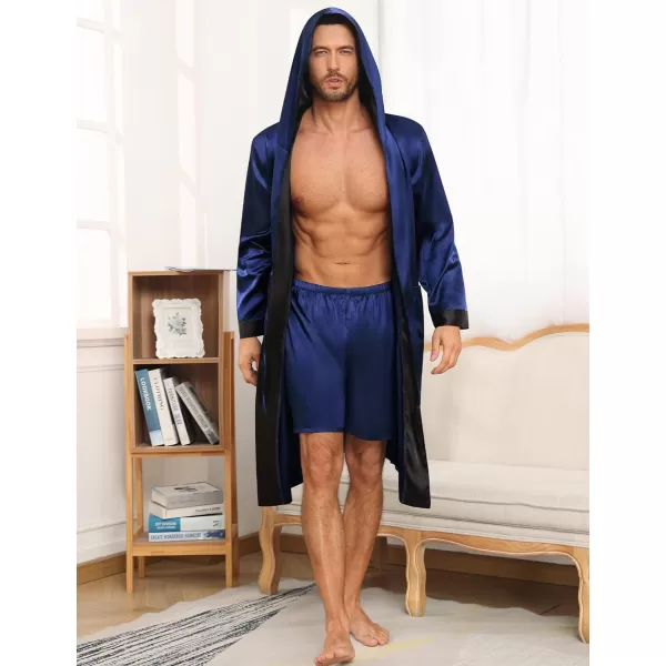 SWOMOG Mens Hooded Robe Satin Bathrobe with Shorts Set Silky Kimono Robe with HoodNavy Blue