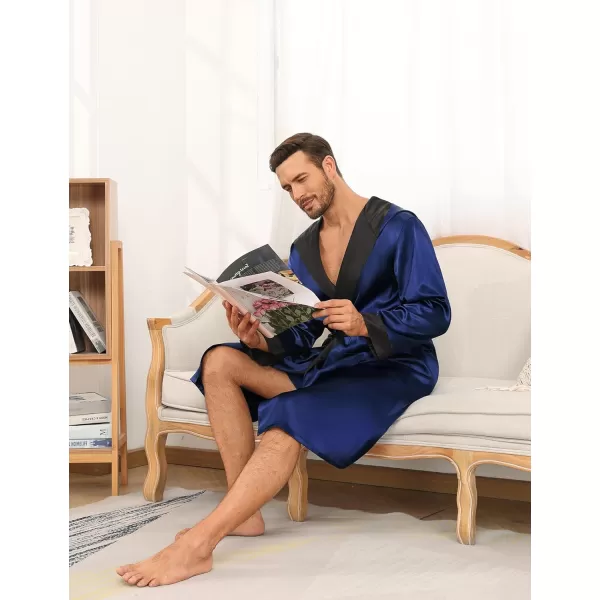 SWOMOG Mens Hooded Robe Satin Bathrobe with Shorts Set Silky Kimono Robe with HoodNavy Blue