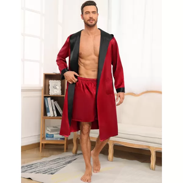 SWOMOG Mens Hooded Robe Satin Bathrobe with Shorts Set Silky Kimono Robe with HoodRed